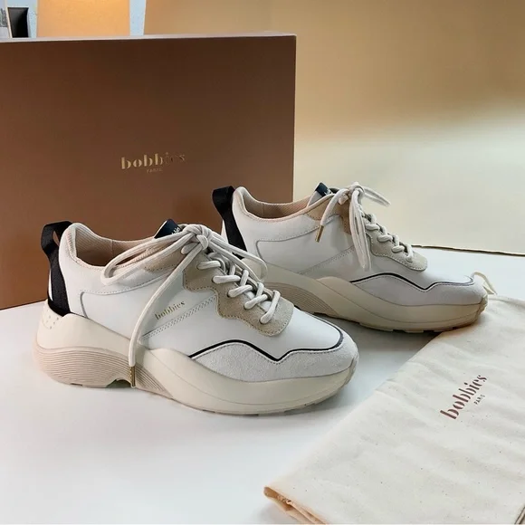 NEW • BOBBIES PARIS Beige and Black Leather Sneakers - Picture 11 of 16
